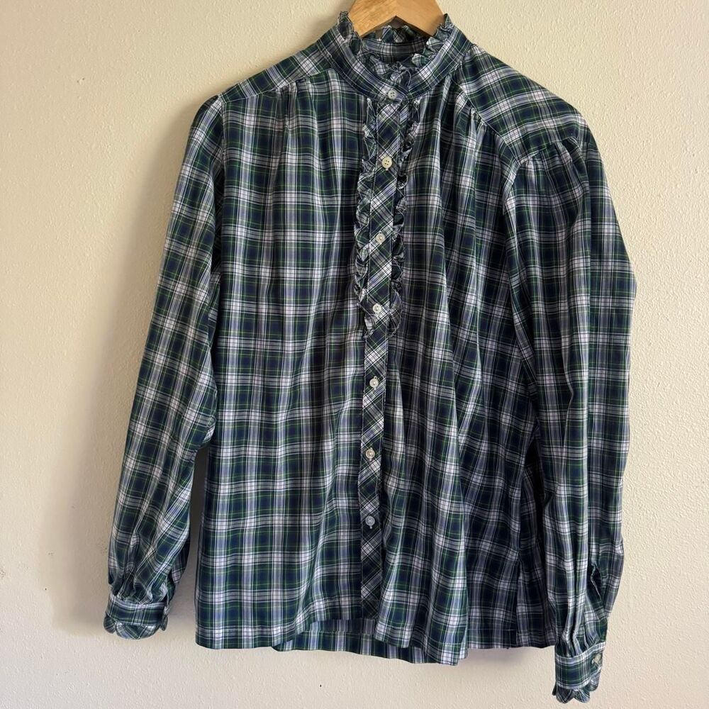 Vintage Shapely Tartan Plaid Navy Green Ruffle Blouse Dark Academia Preppy L